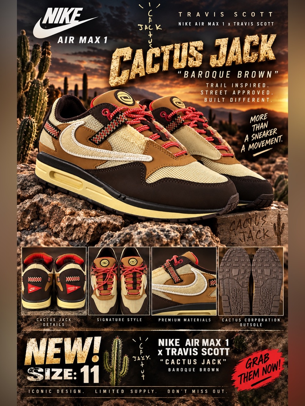 Nike Air Max 1 x Travis Scott "Cactus Jack" Baroque Brown sneakers-🔥New! Size:11